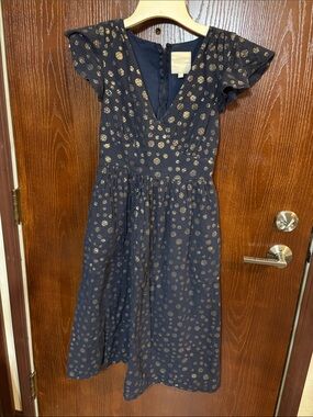 Modcloth Navy Dress with Gold Polka Dots Cotton size Small